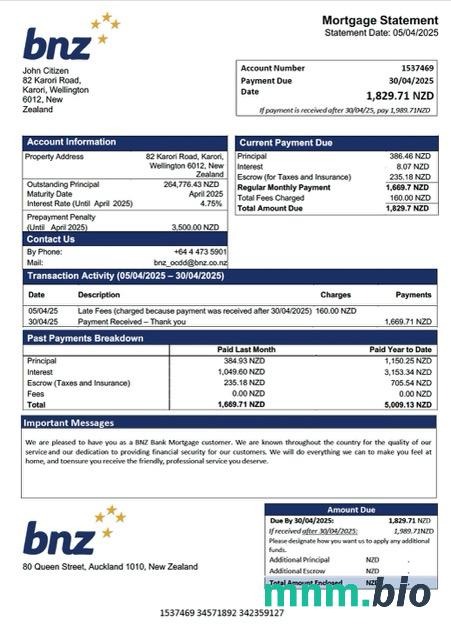Nowa Zelandia BNZ Bank wyciąg z kredytu hipotecznego szablon Word i PDF